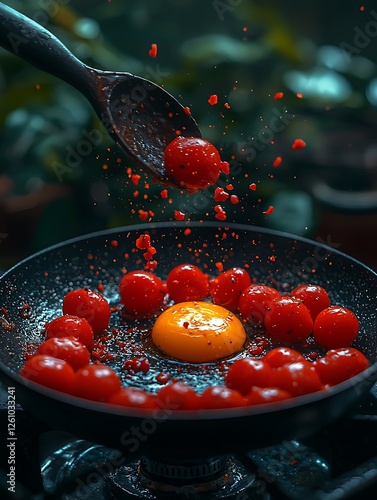 Dynamic shot of cherry tomatoes being tossed into a frying pan with a single sunnysideup egg. photo