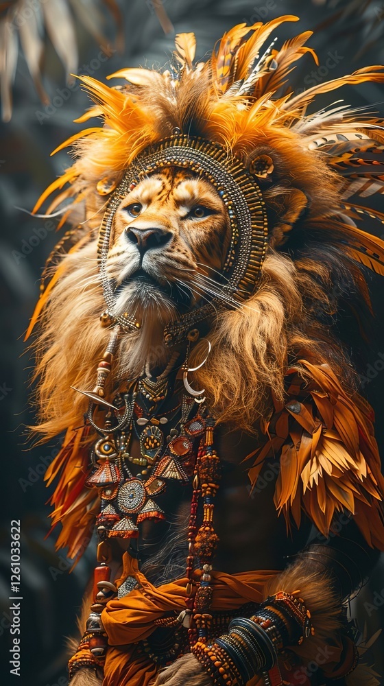 Majestic Lion in Ornate Tribal Headdress and Jewelry African Wildlife Portrait