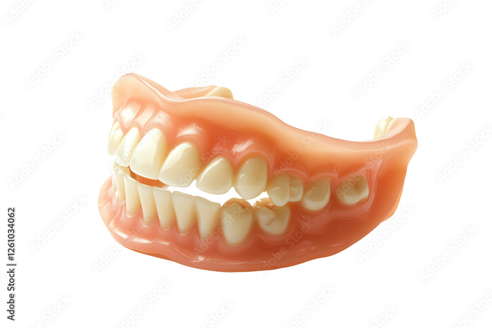 Realistic set of dentures on a white isolated background for dental and health-related topics. Realistic set of dentures on a white isolated background for dental and health-related topics.