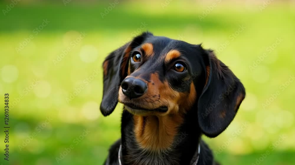 Confident Black And Tan Dachshund Posing In Sunny Garden Confident Black And Tan Dachshund Posing In Sunny Garden