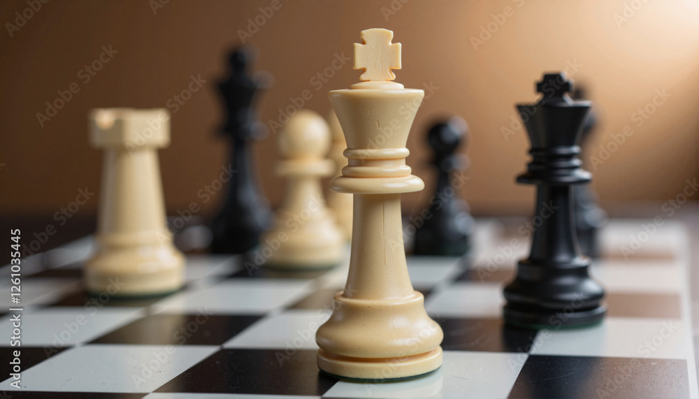 Strategic chess endgames with focus on king piece and blurred black pieces