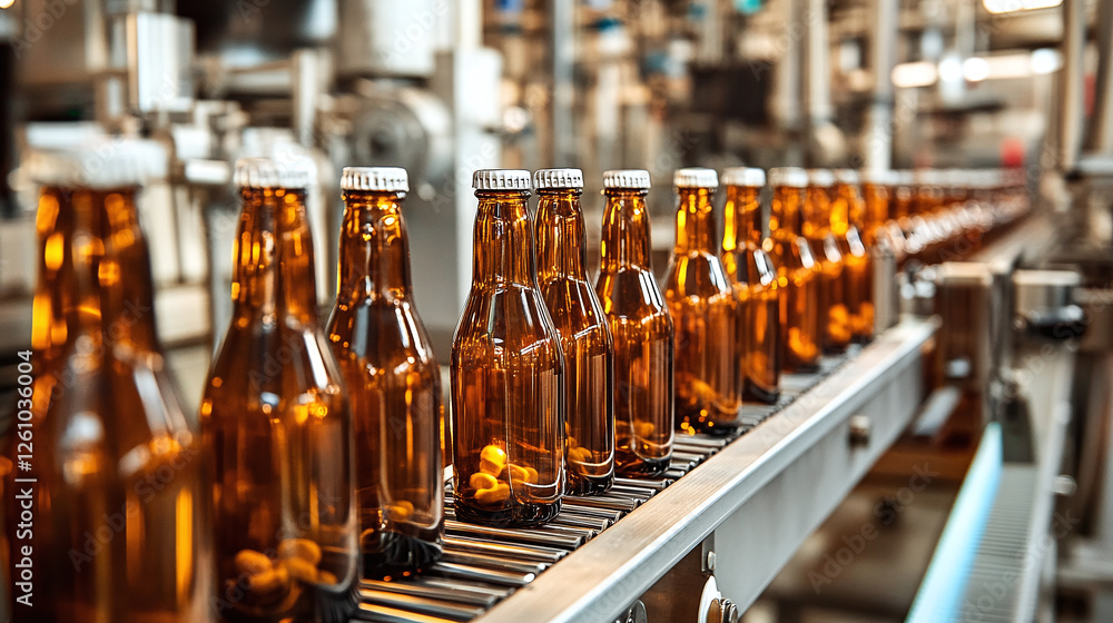 Bottles progress down the manufacturing line in a beverage factory, ready for sealing. The bottles are made from brown glass with metal tops. Bottles progress down the manufacturing line in a beverage factory, ready for sealing. The bottles are made from brown glass with metal tops.