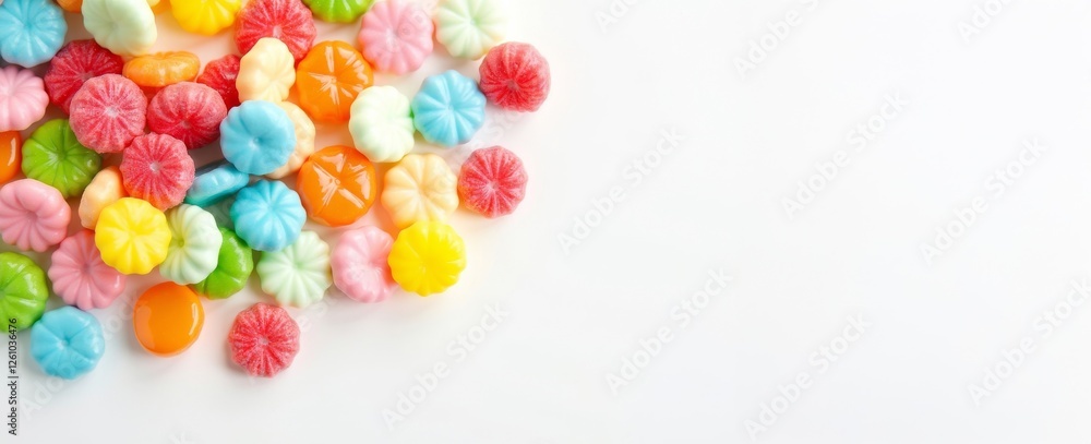 Set of candies and sweets in different colours with top view and coy space. Set of candies and sweets in different colours with top view and coy space.