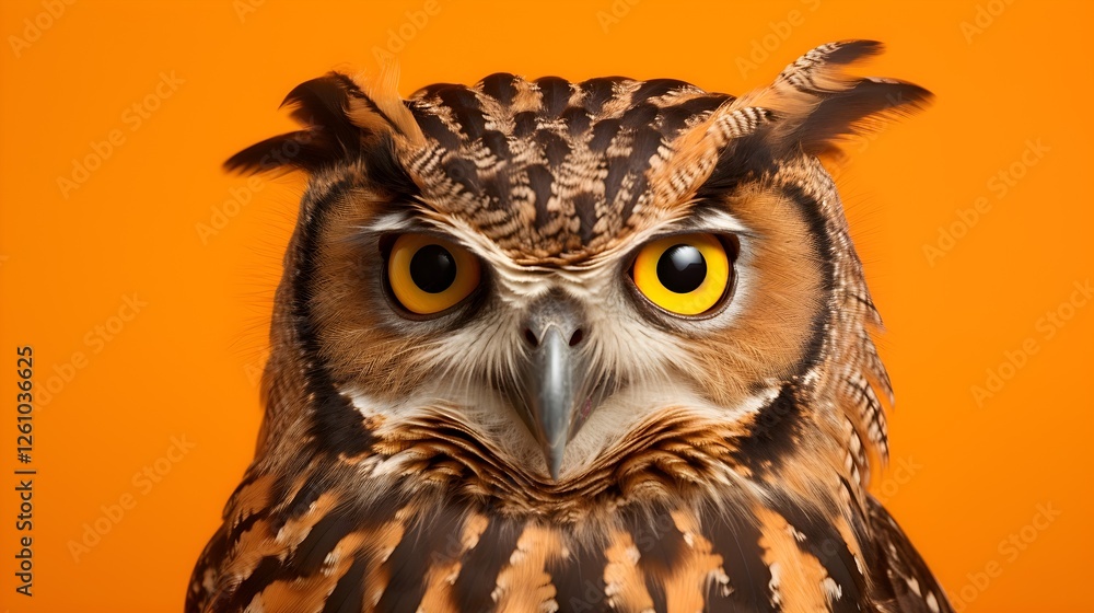 Fototapeta premium Majestic Owl Portrait Close up of a Brown and Gold Owl with Intense Yellow Eyes on Orange Background