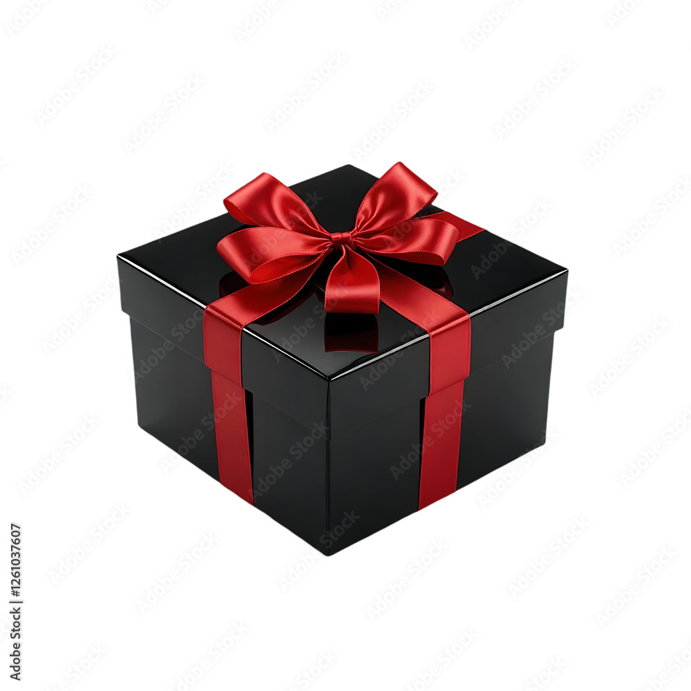 Fototapeta premium A glossy black square gift box, accented with a vibrant red ribbon and bow is isolated on transparent background