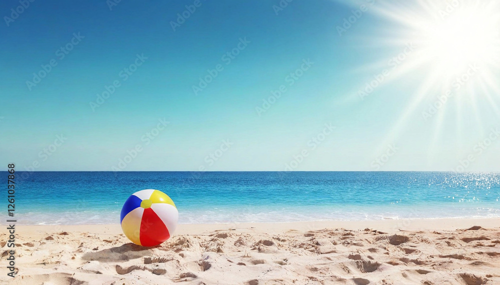 A striped beach ball levitating with a dreamy summer beach background. A striped beach ball levitating with a dreamy summer beach background.