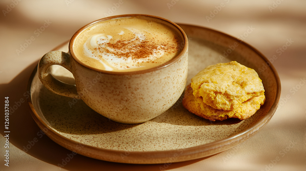 Cozy morning treat: A spiced latte artfully presented next to a golden biscuit on an earthy plate. Cozy morning treat: A spiced latte artfully presented next to a golden biscuit on an earthy plate.