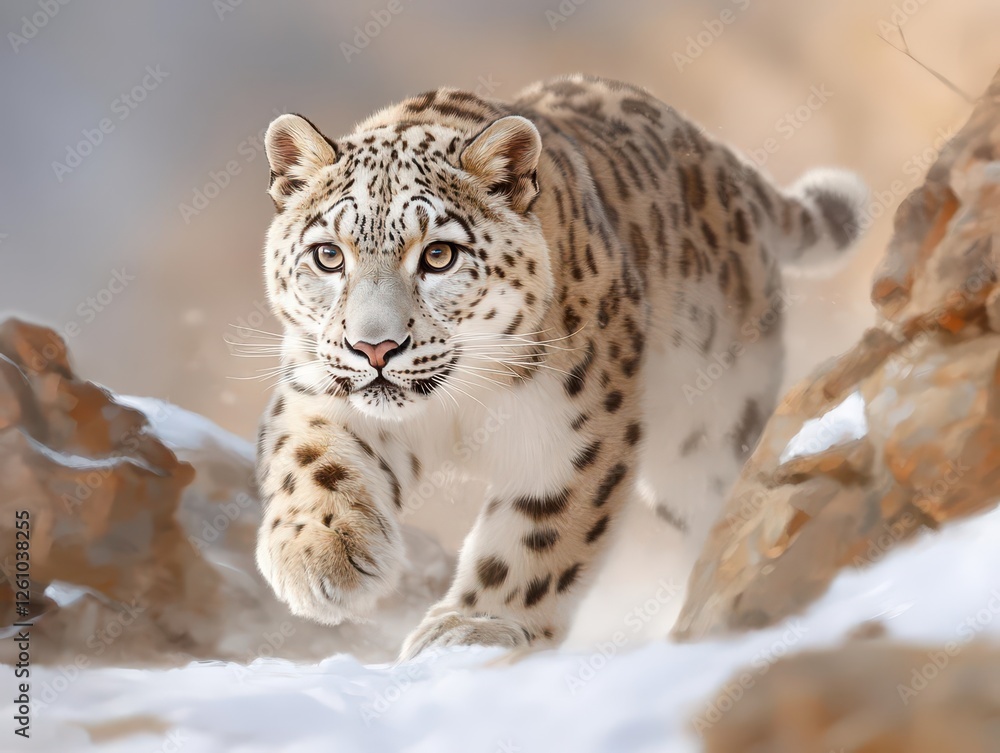 Snow leopard gracefully walking along a rocky cliff covered in snow, piercing gaze and majestic stance. Snow leopard gracefully walking along a rocky cliff covered in snow, piercing gaze and majestic stance.