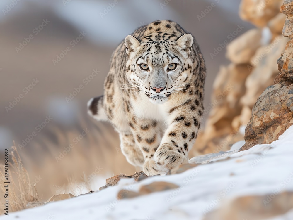 Snow leopard gracefully walking along a rocky cliff covered in snow, piercing gaze and powerful stance Snow leopard gracefully walking along a rocky cliff covered in snow, piercing gaze and powerful stance