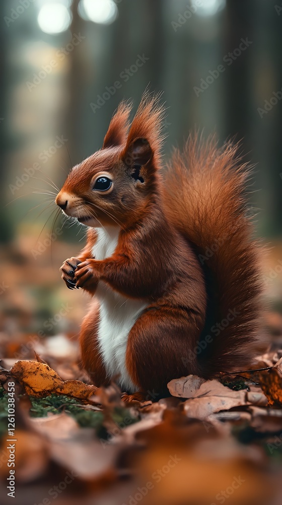 Adorable Red Squirrel Sitting Amidst Autumn Leaves in Forest Adorable Red Squirrel Sitting Amidst Autumn Leaves in Forest