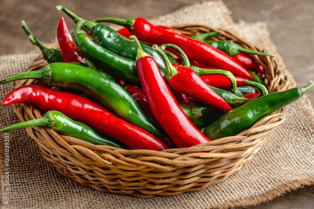 A woven basket holds an abundance of vibrant red and green chili peppers, all arranged neatly on a rustic burlap cloth, creating a visually appealing display of fresh produce A woven basket holds an abundance of vibrant red and green chili peppers, all arranged neatly on a rustic burlap cloth, creating a visually appealing display of fresh produce