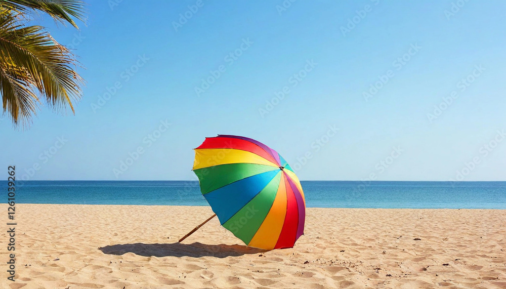 A colorful beach umbrella levitating in the center with a sunny beach scene in the background. A colorful beach umbrella levitating in the center with a sunny beach scene in the background.