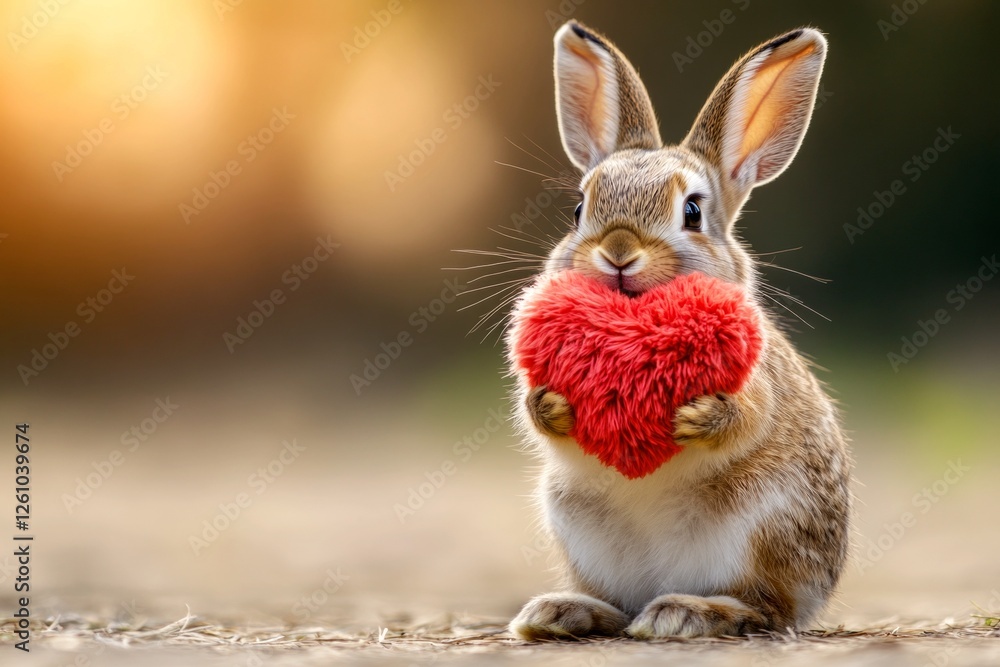 Fototapeta premium Cute hare baby with fluffy red heart on in a natural habitat. Hare - my beloved animal. Commercial animal idea. Nature’s valentine's day wonder. Love and care in the forest. Wildlife in love.