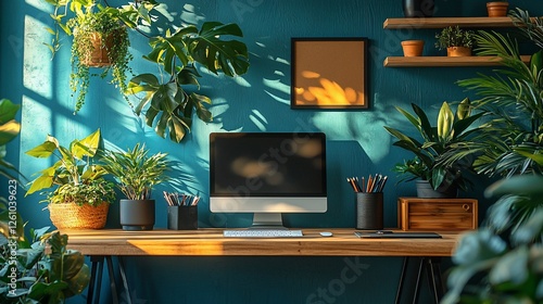 Sunlit Home Office Desk with Plants photo