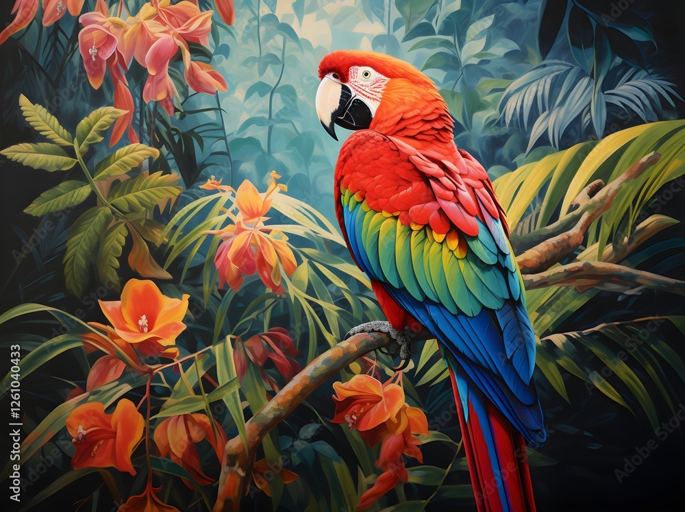 Obraz premium Scarlet Macaw Perched on Branch in Lush Tropical Rainforest Vibrant Colors Exotic Bird