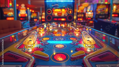 Close-up of a vintage pinball machine in a brightly lit arcade.
