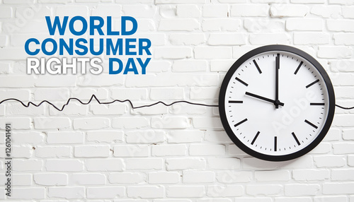 Wallpaper Mural Illustration featuring a clock on a brick wall representing World Consumer Rights Day, symbolizing the importance of timely consumer advocacy. Torontodigital.ca