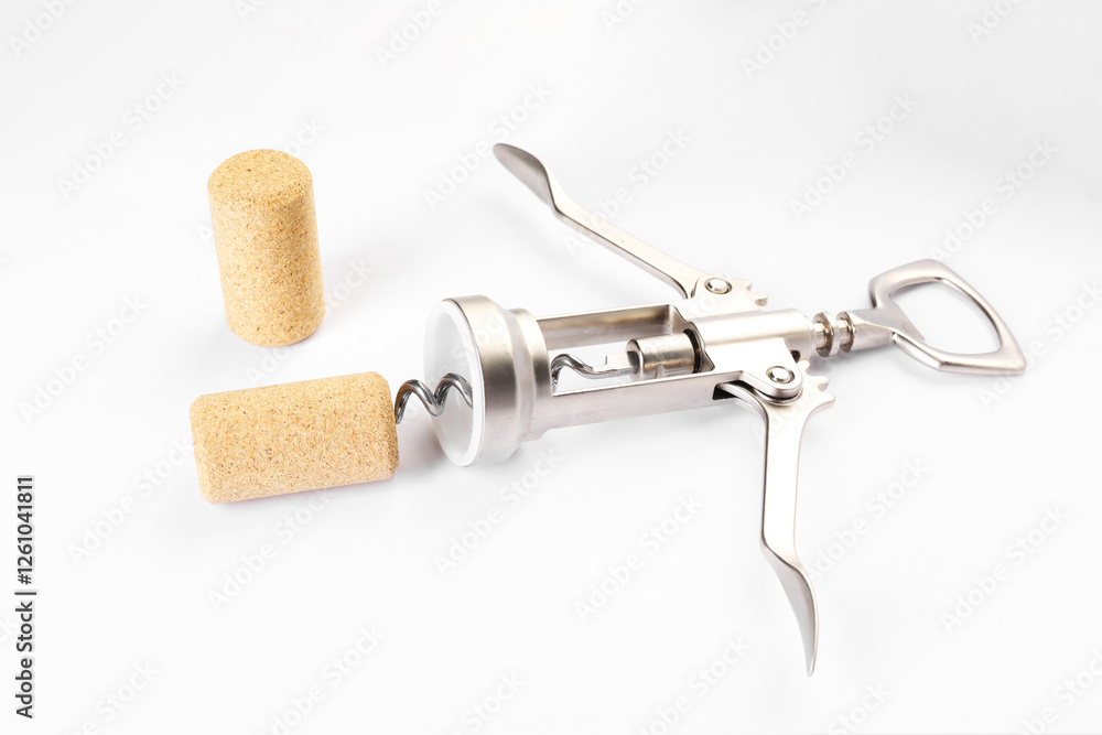 Wing corkscrew and corks on white background Wing corkscrew and corks on white background