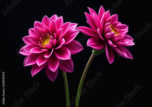 dark pink purple flowers black background surreal chromed dahlia isolation stand
