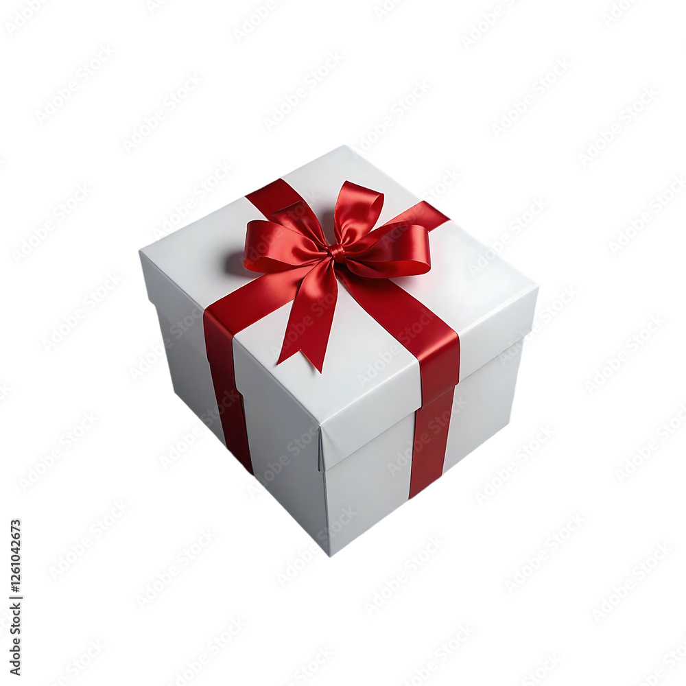 A wrapped present, ready for giving. The square white gift box is adorned with glossy red ribbon and bow on transparent background A wrapped present, ready for giving. The square white gift box is adorned with glossy red ribbon and bow on transparent background