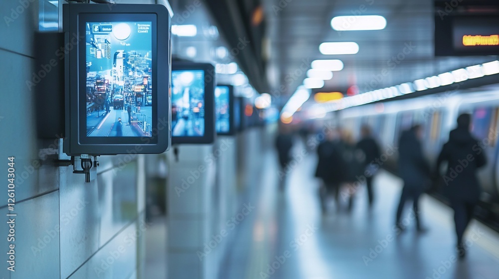 Fototapeta premium Subway platform screens, commuters, arriving train, digital advertising
