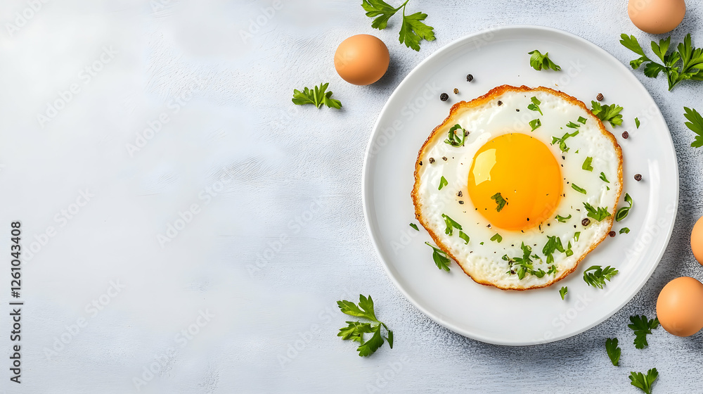 Sunny side up egg with parsley garnish. Food styling for breakfast or recipe background Sunny side up egg with parsley garnish. Food styling for breakfast or recipe background