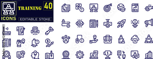 Set of line icons related to training, coaching, mentoring, education, meeting, conference, teamwork.