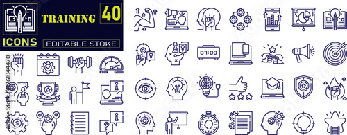 Set of line icons related to training, coaching, mentoring, education, meeting, conference, teamwork.