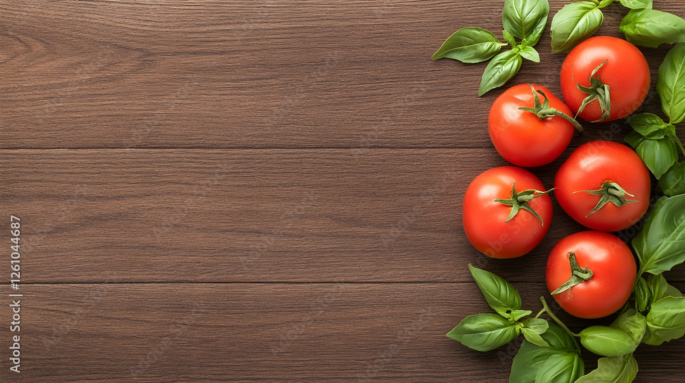 Tomatoes and basil leaves on the rustic table. Use for healthy recipe or cuisine menu Tomatoes and basil leaves on the rustic table. Use for healthy recipe or cuisine menu