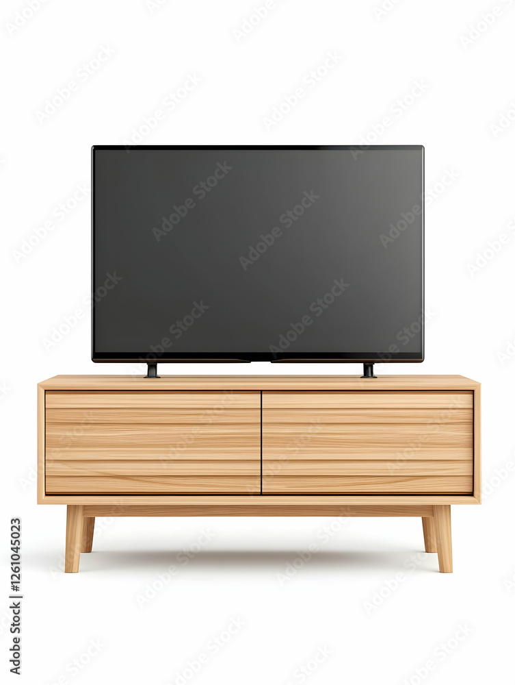 TV on wood cabinet. Blank screen. Displaying media, films, and shows. Isolated object for decoration TV on wood cabinet. Blank screen. Displaying media, films, and shows. Isolated object for decoration
