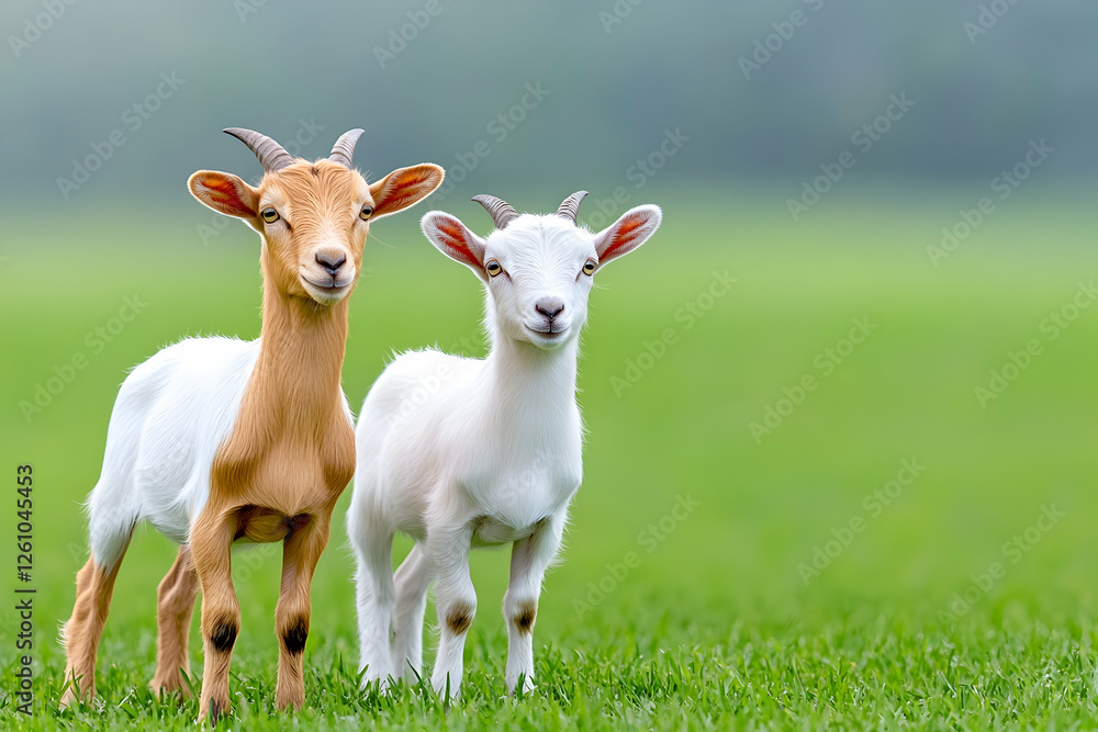 Two young goats stand together on a green meadow, looking at the viewer in a close-up view Two young goats stand together on a green meadow, looking at the viewer in a close-up view
