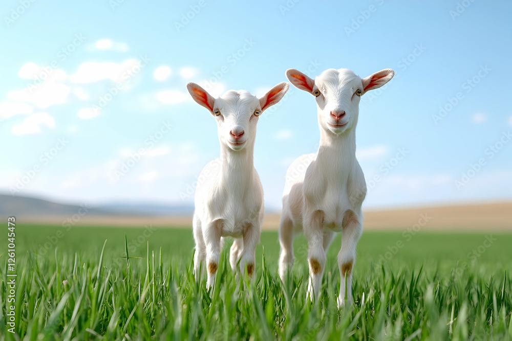 Two young goats standing in grass, field and blue sky behind. Use farm, animal, nature Two young goats standing in grass, field and blue sky behind. Use farm, animal, nature