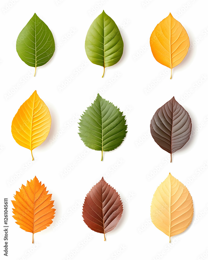 Various colored leaf shapes isolated on a white background for education or nature illustrations Various colored leaf shapes isolated on a white background for education or nature illustrations