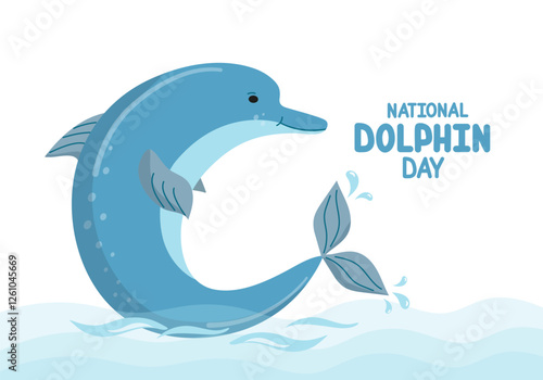Cartoon dolphin in water. National Dolphin Day. Flat design banner, poster, flyer with hand lettering. April 14. World Aquatic Animals Day. Environment conservation typography poster.