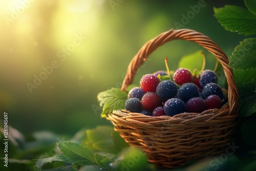 Wallpaper Mural A vibrant basket filled with organic berries showcases morning dew, illuminated by soft sunlight. Green foliage surrounds the basket, highlighting nature's beauty and freshness Torontodigital.ca