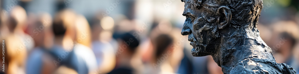 Fototapeta premium Bronze Bust of a Man Against a Blurred Crowd Background
