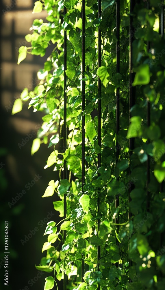 Fototapeta premium Stunning garden display with cascading plants over trellis and lush foliage bathed in soft light