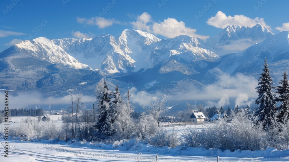Fototapeta premium A breathtaking mountain landscape featuring clear water, majestic peaks, and a stunning blue sky adorned with fluffy clouds. Perfect for themes of nature, serenity, and outdoor beauty.