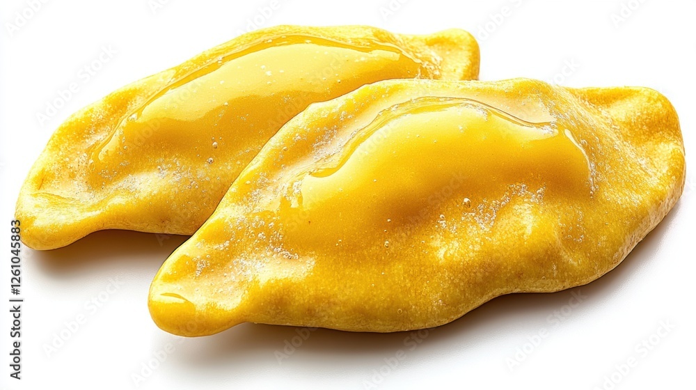 Two Freshly Prepared Yellow Dumplings Placed Neatly on a White Background Two Freshly Prepared Yellow Dumplings Placed Neatly on a White Background