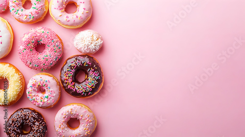 donas glaseadas con chispas de chocolate de colores pastel sobre un fondo rosa liso vacio con espacio de copia para diseño de postres