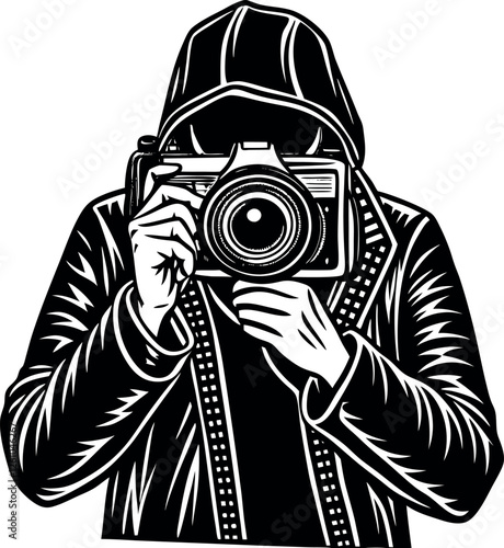 Black Photographer with Camera Silhouette Doodle Art Vector Illustration | Hand-Drawn Photographer Sketch | Photography, Camera Equipment, and Artistic Vision Clipart Design