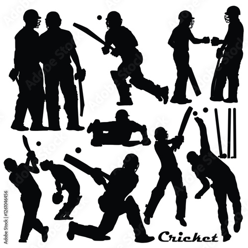 Cricket players Silhouettes Vector Character shadows batsman hitting different shot in various tournament and leagues Bats, gloves, stump, cricket ball, guard World cup, T20 Scoring Fifty or Century.