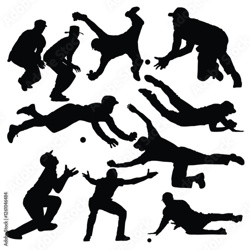 Cricket players Silhouettes Vector set, Indian Player, gloves, cricket ball, guard, test match, World cup, T20. Fielder silhouette playing cricket on the field. fielder catches cricket ball.