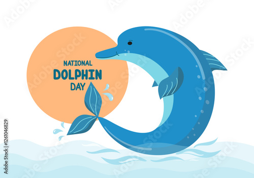Dolphin in water. National Dolphin Day. Flat design banner, poster, flyer with hand lettering. April 14. World Aquatic Animals Day. Environment conservation typography poster.