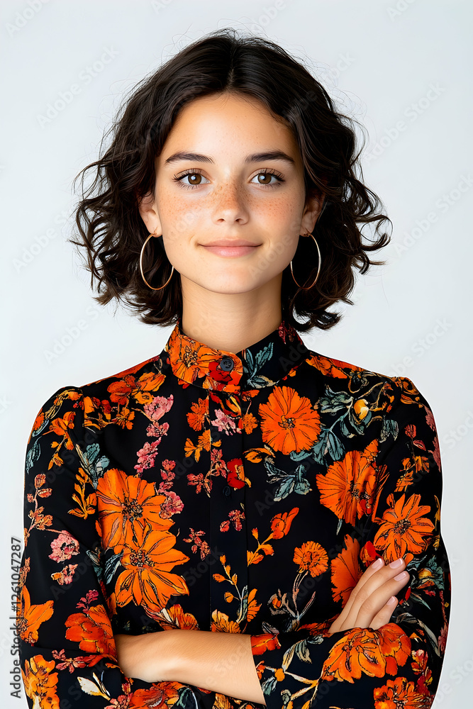 Woman portraits with arms crossed, confident look in front of white wall, for business profile Woman portraits with arms crossed, confident look in front of white wall, for business profile