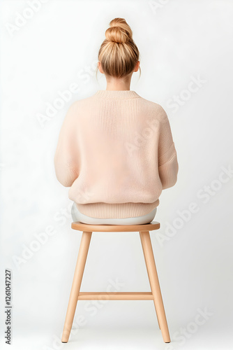 Woman sits on a chair, back view, wearing sweater, hair up in a bun, isolated on white. Fashion shot