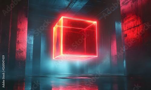 A red neon cube floats in a dark room with reflective wet floor and pillar like structures