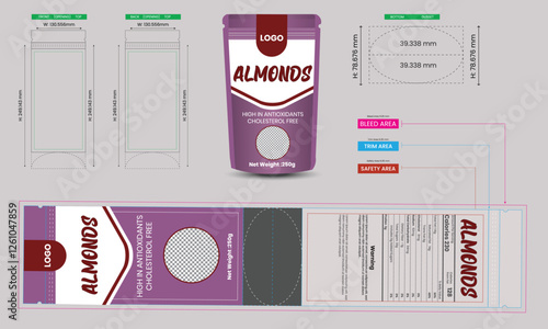 almonds, template, snack, design, product, retail, package, blank, realistic, polymer