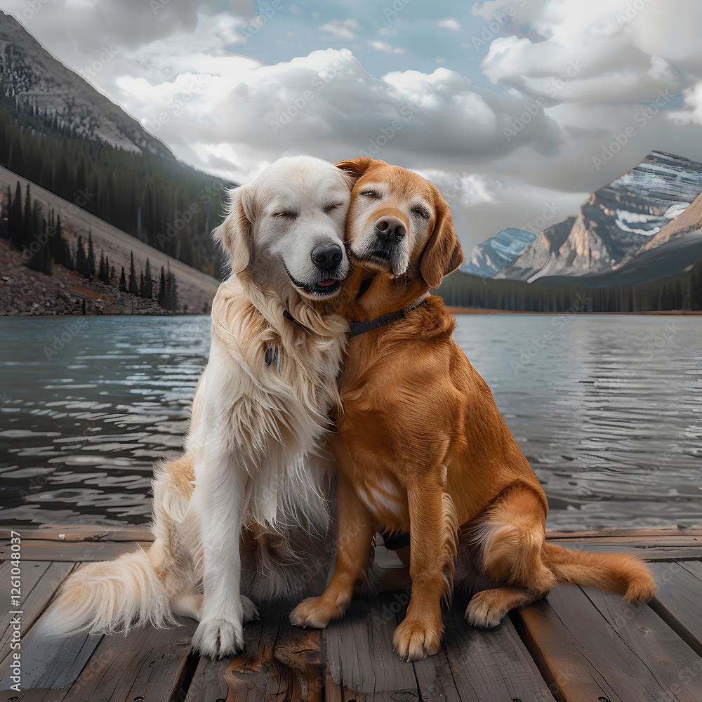 Fototapeta premium Golden retriever resting on a dock by a scenic lake, embodying relaxation, companionship, and the beauty of nature.