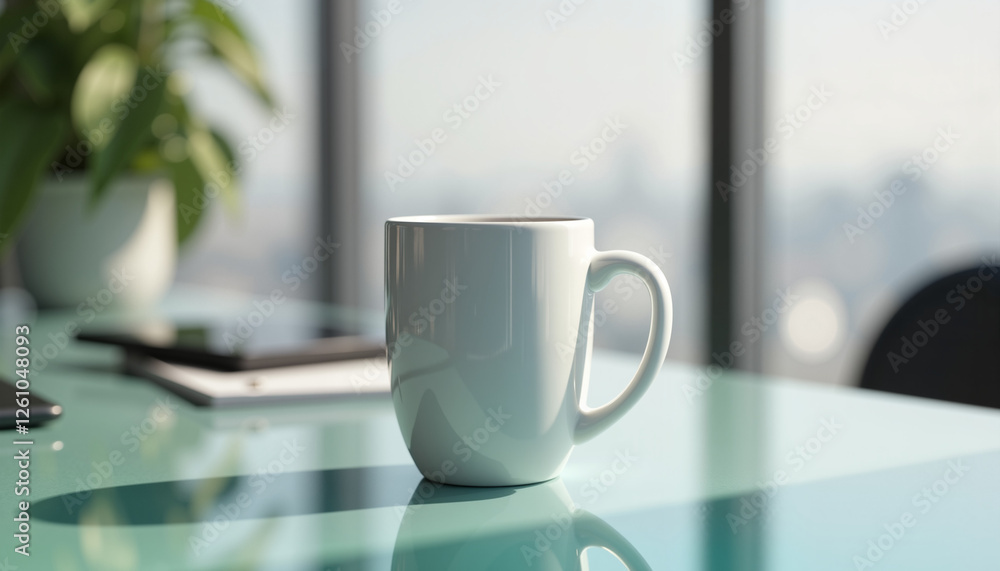 White coffee mug on glass table with urban background White coffee mug on glass table with urban background